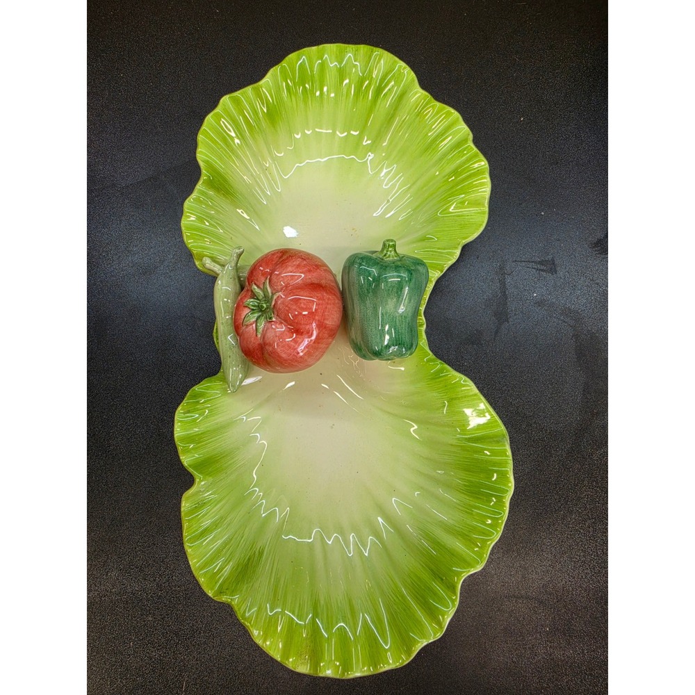Vintage Ceramic Lettuce Divided Server Tomato Pepper Vegetable Decor-Note Chip